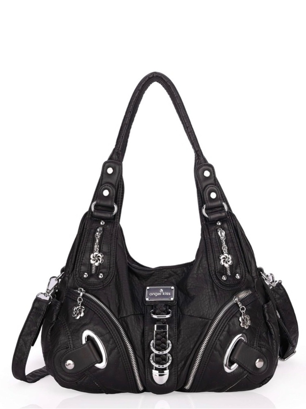 Angel Kiss Black Shoulder Bag with Silver Hardware